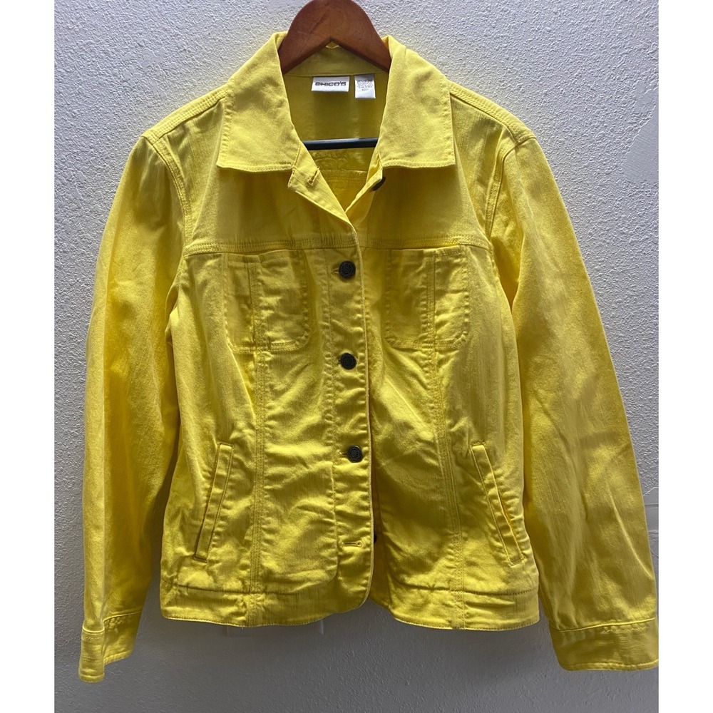 Chicos Yellow Embroidered Denim Jacket Women Size 1/Medium